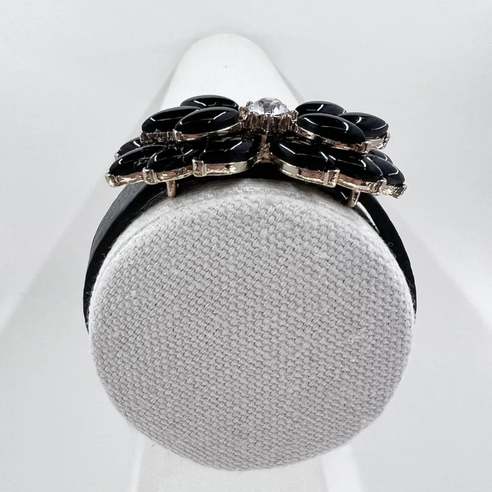 Black Jeweled Double Stacked Flower Gold Tone Black Leather 7” Bracelet - Picture 3 of 9